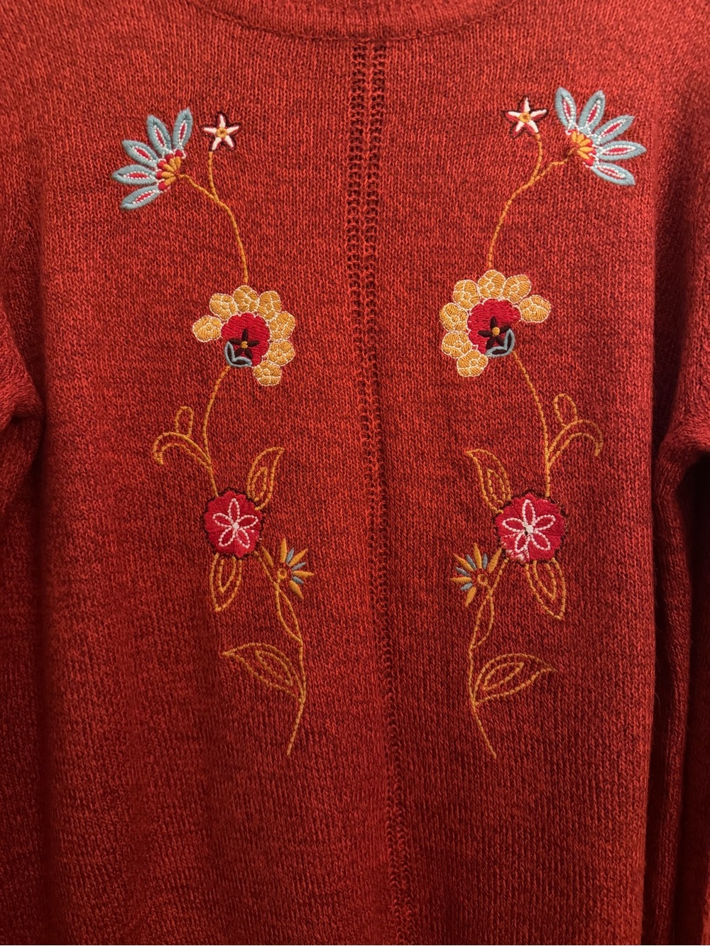 Denim Moves Embroidered Red Rust Sweater for Fall with Fringe Like New Medium - Picture 4 of 6